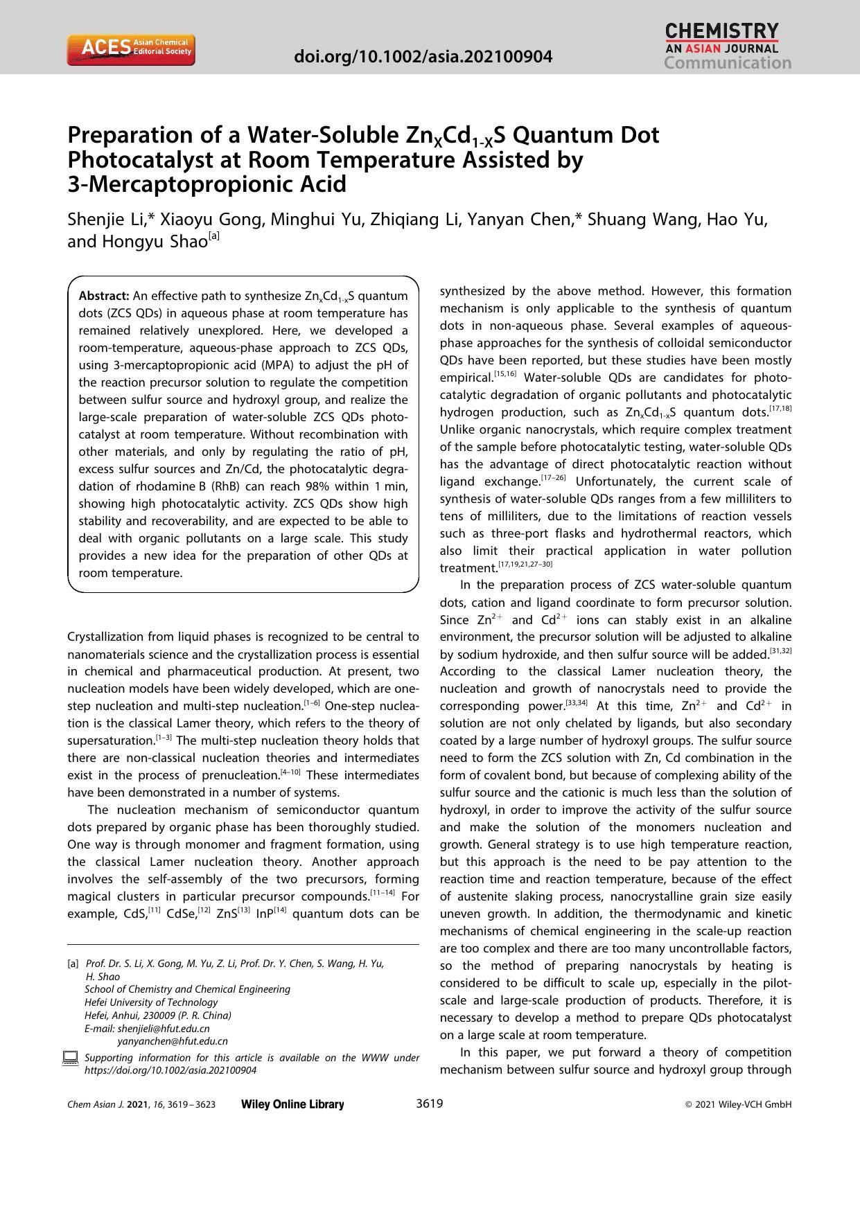 Preparation of a WaterâSoluble ZnXCd1âXS Quantum Dot Photocatalyst at Room Temperature Assisted by 3âMercaptopropionic Acid by Unknown