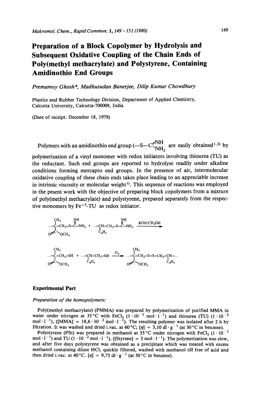 Preparation of a block copolymer by hydrolysis and subsequent oxidative coupling of the chain ends of poly(methyl methacrylate) and polystyrene, containing amidinothio end groups by Unknown