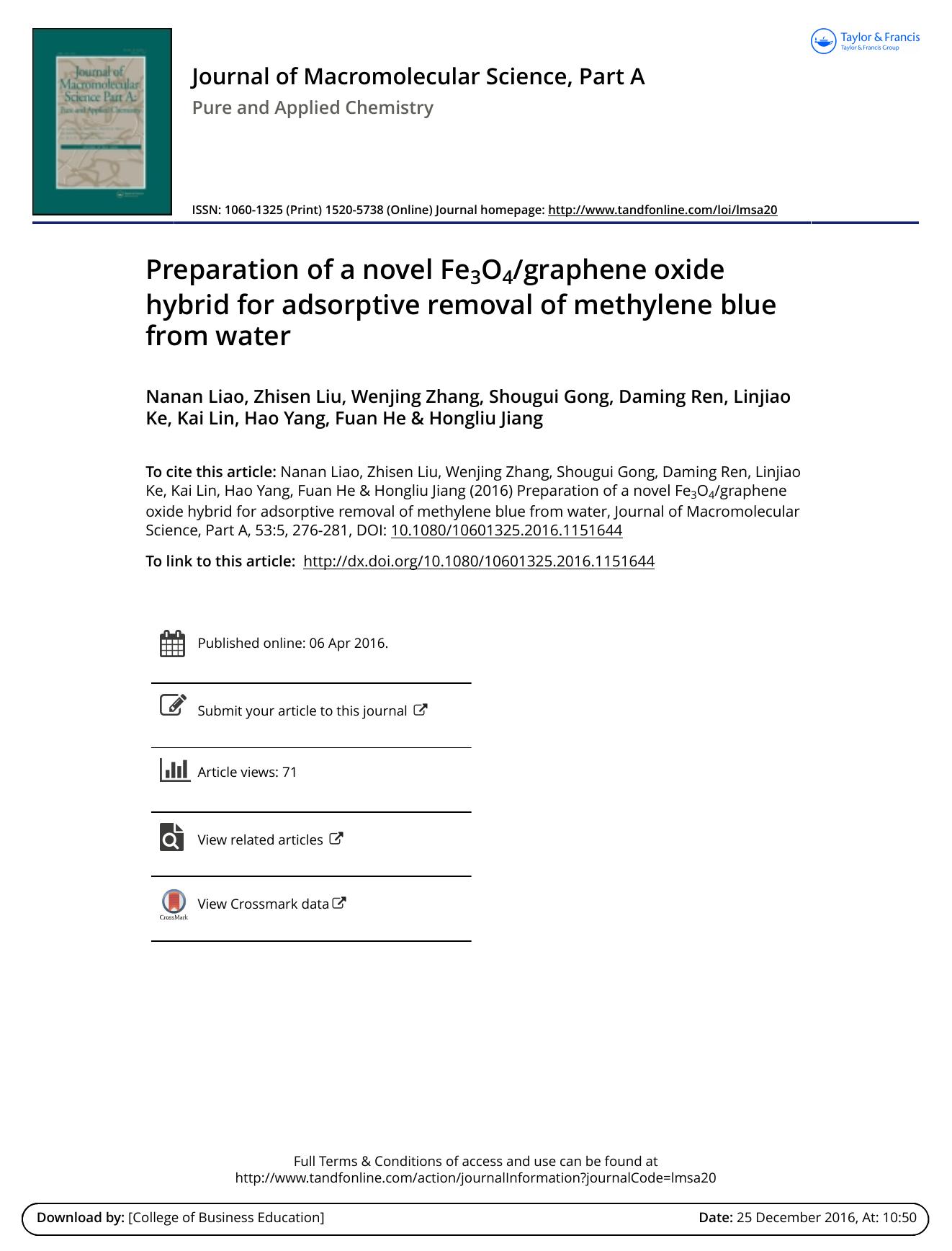 Preparation of a novel Fe3O4graphene oxide hybrid for adsorptive removal of methylene blue from water by unknow
