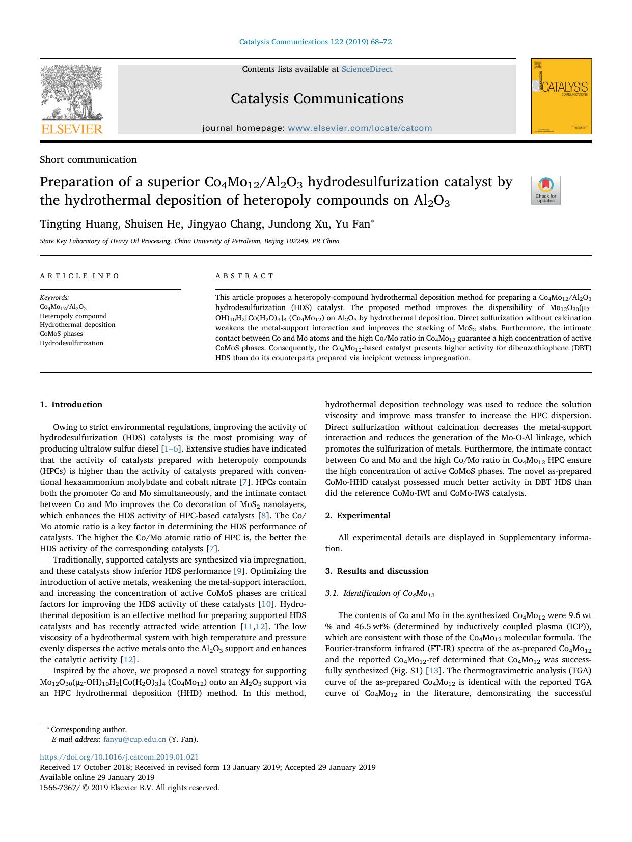 Preparation of a superior Co4Mo12Al2O3 hydrodesulfurization catalyst by the hydrothermal deposition of heteropoly compounds on Al2O3 by Tingting Huang & Shuisen He & Jingyao Chang & Jundong Xu & Yu Fan