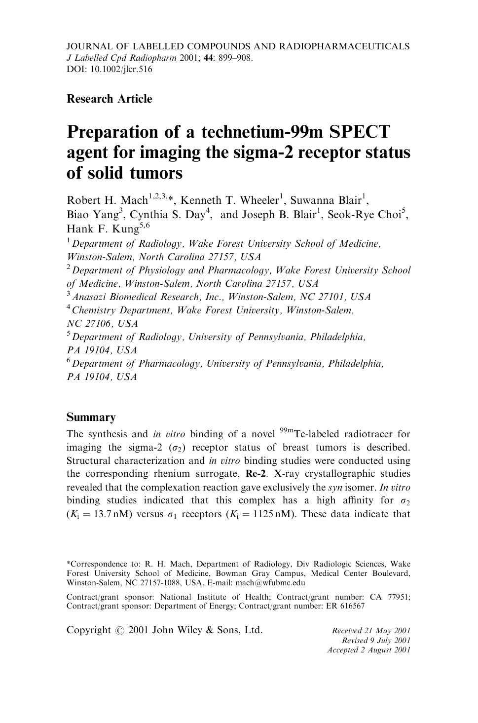 Preparation of a technetium-99m SPECT agent for imaging the sigma-2 receptor status of solid tumors by Unknown