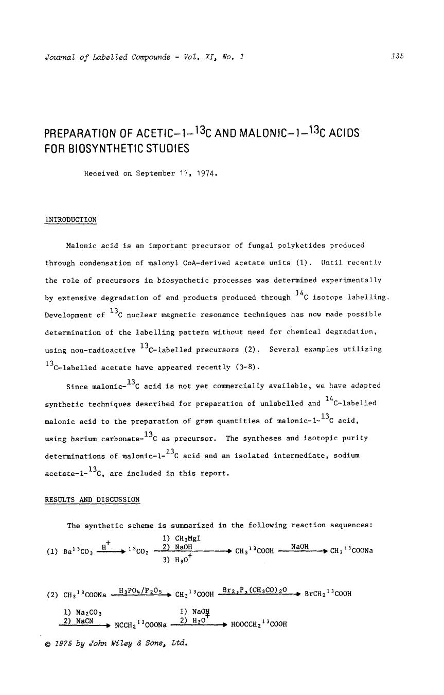 Preparation of acetic-1-13C and malonic-1-13C acids for biosynthetic studies by Unknown