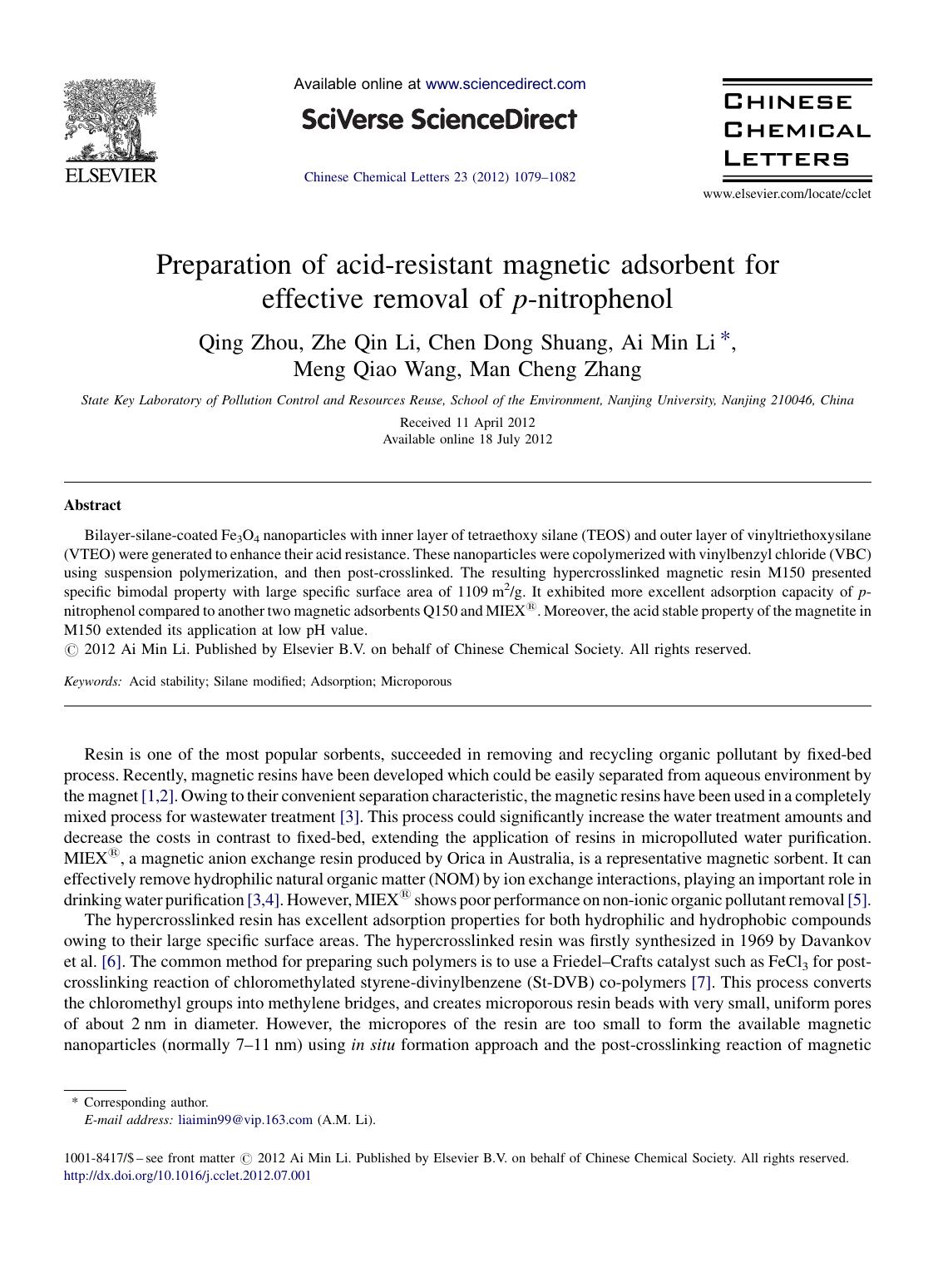 Preparation of acid-resistant magnetic adsorbent for effective removal of p-nitrophenol by Qing Zhou & Zhe Qin Li & Chen Dong Shuang & Ai Min Li & Meng Qiao Wang & Man Cheng Zhang