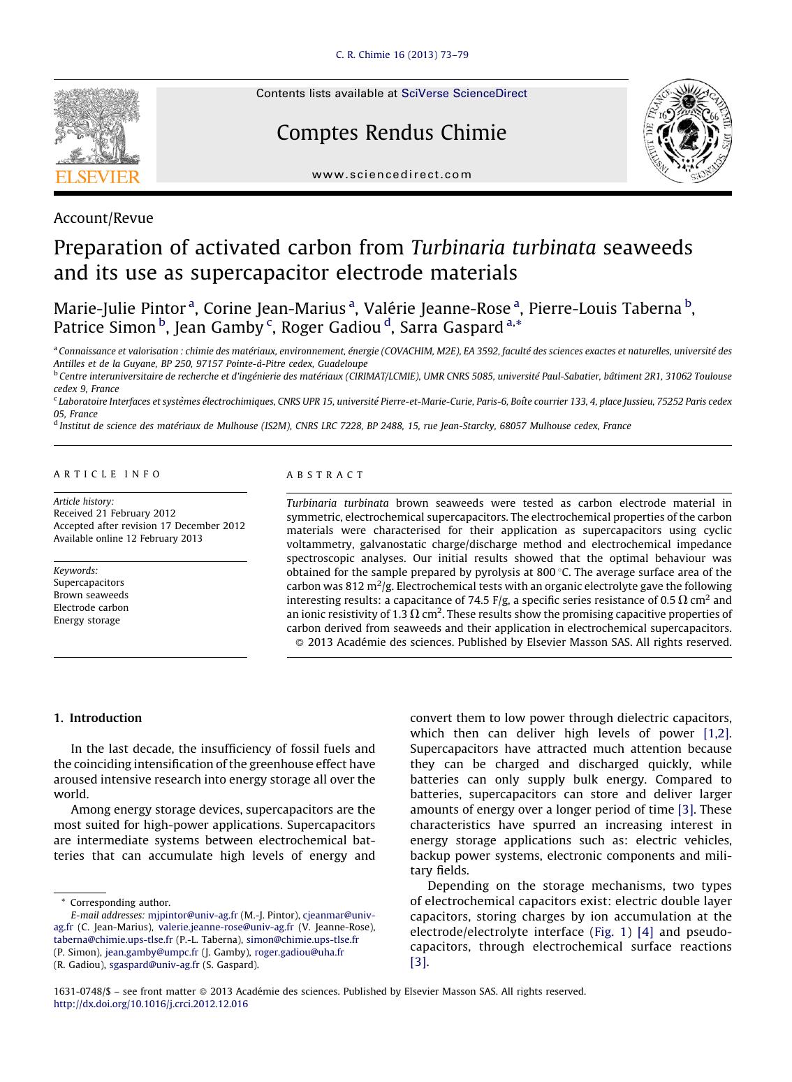 Preparation of activated carbon from Turbinaria turbinata seaweeds and its use as supercapacitor electrode materials by Marie-Julie Pintor