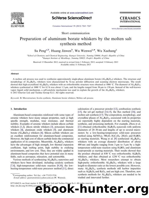Preparation of aluminum borate whiskers by the molten salt synthesis method by Su Peng & Huang Jinwen & Wu Wenwei & Wu Xuehang