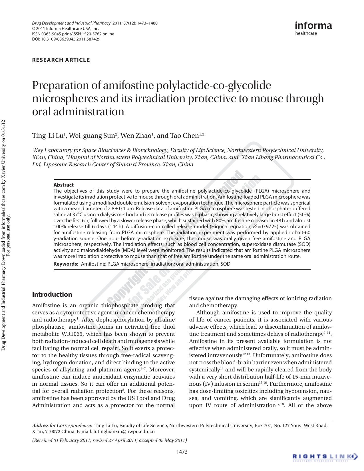 Preparation of amifostine polylactide-co-glycolide microspheres and its irradiation protective to mouse through oral administration by Ting-Li Lu1lutinglixinxin@nwpu.edu.cn Wei-guang Sun2 Wen Zhao1 Tao Chen1 3