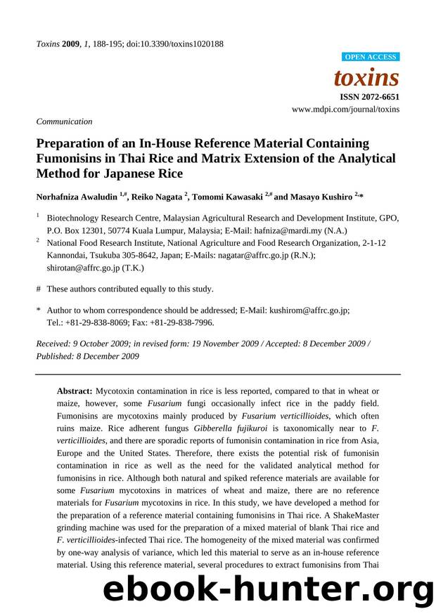 Preparation of an In-House Reference Material Containing Fumonisins in Thai Rice and Matrix Extension of the Analytical Method for Japanese Rice by Norhafniza Awaludin & Reiko Nagata & Tomomi Kawasaki & Masayo Kushiro