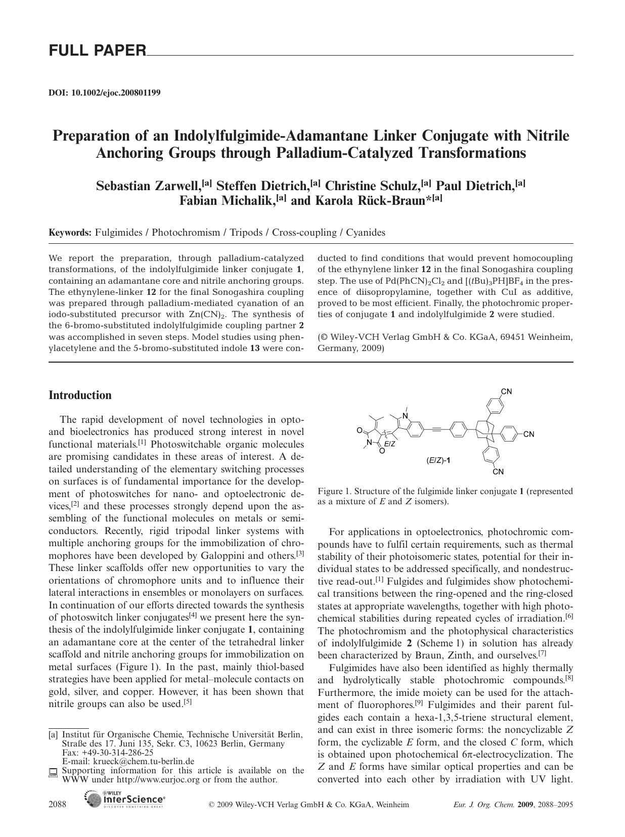 Preparation of an Indolylfulgimide-Adamantane Linker Conjugate with Nitrile Anchoring Groups through Palladium-Catalyzed Transformations by Unknown