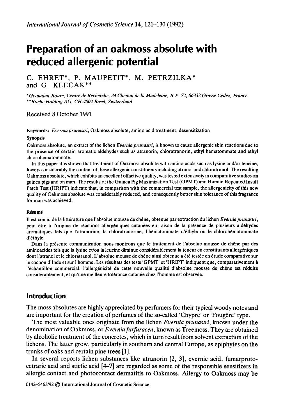 Preparation of an oakmoss absolute with reduced allergenic potential by Unknown