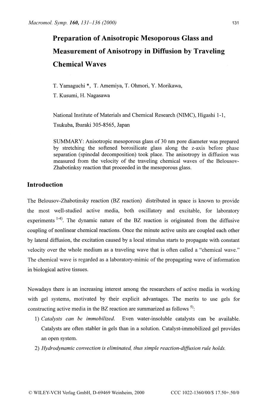 Preparation of anisotropic mesoporous glass and measurement of anisotropy in diffusion by traveling chemical waves by SOD