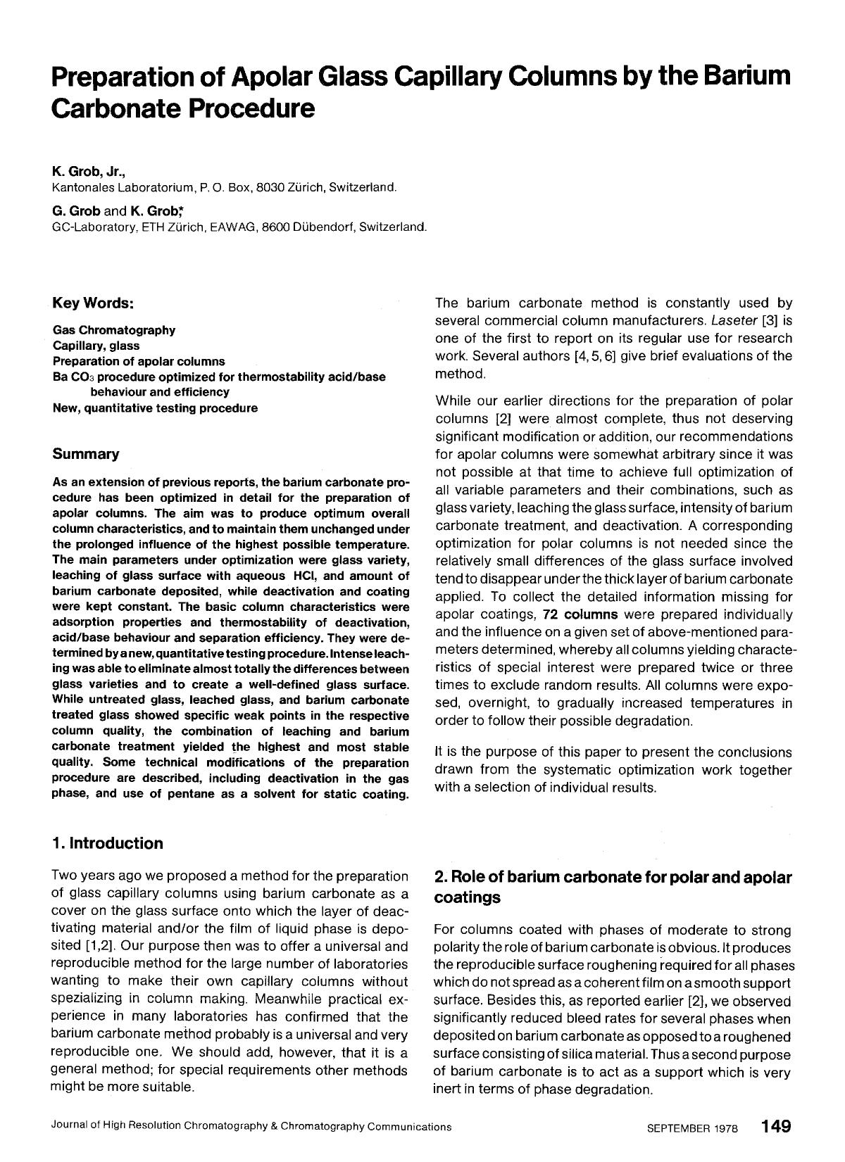 Preparation of apolar glass capillary columns by the barium carbonate procedure by Unknown