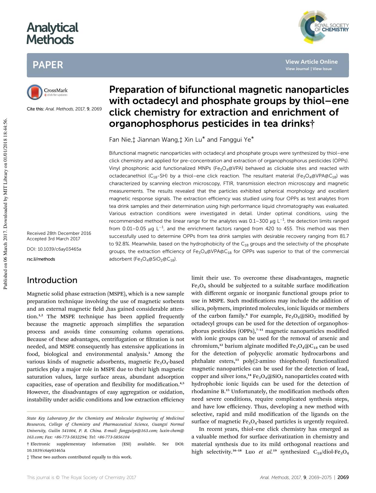 Preparation of bifunctional magnetic nanoparticles with octadecyl and phosphate groups by thiolâene click chemistry for extraction and enrichment of organophosphorus pesticides in tea drinks by Fan Nie & Jiannan Wang & Xin Lu & Fanggui Ye