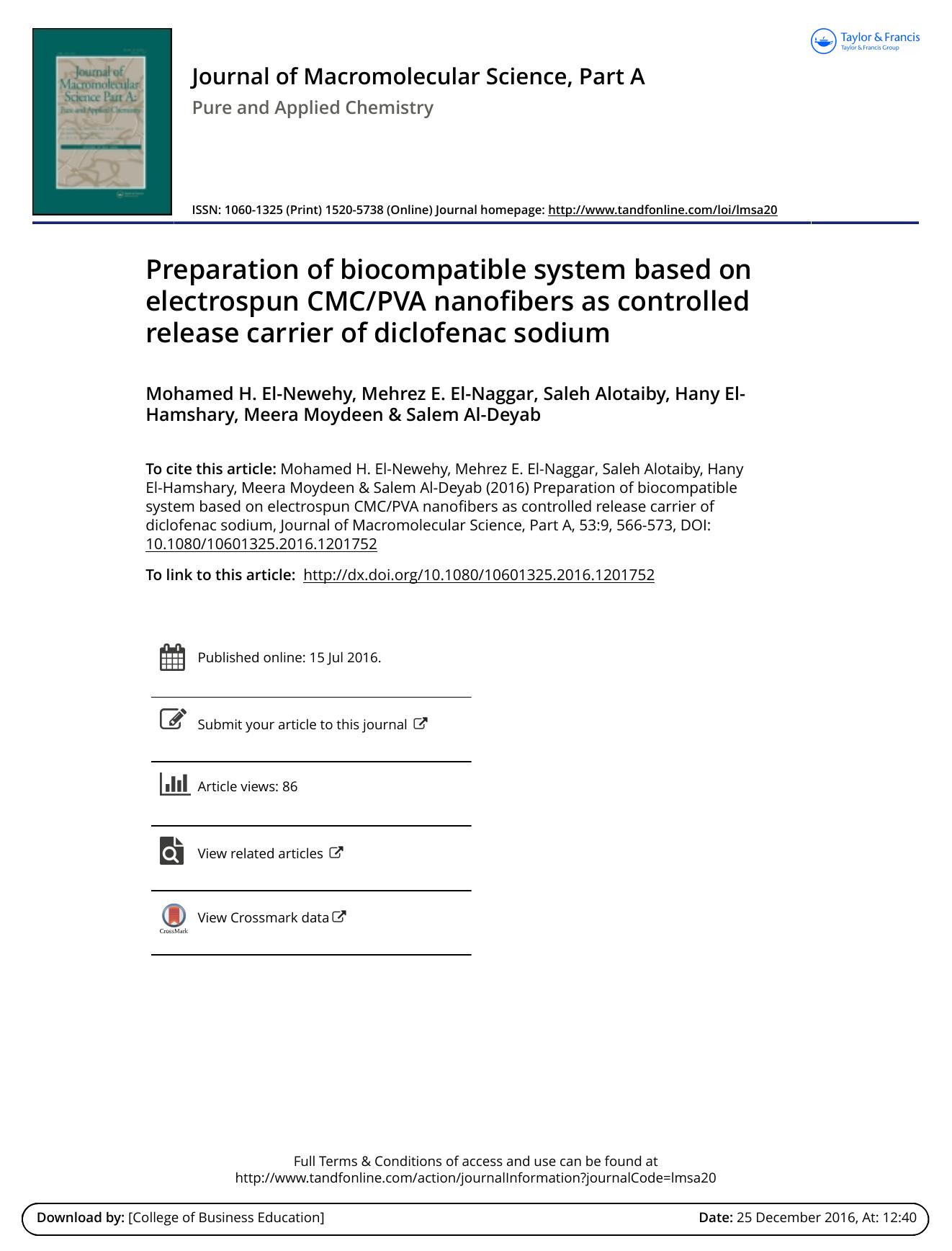 Preparation of biocompatible system based on electrospun CMCPVA nanofibers as controlled release carrier of diclofenac sodium by unknow