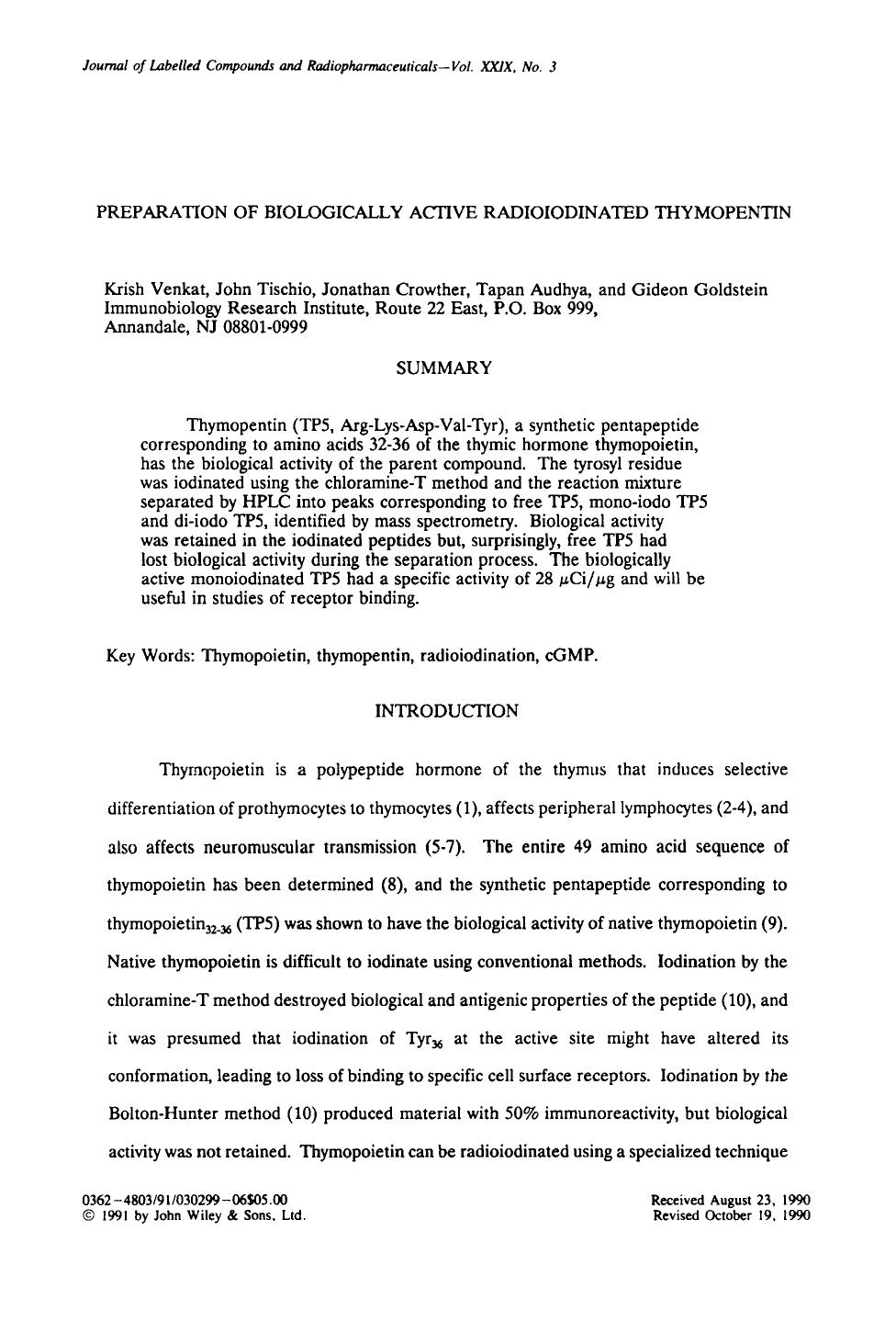 Preparation of biologically active radioiodinated thymopentin by Unknown