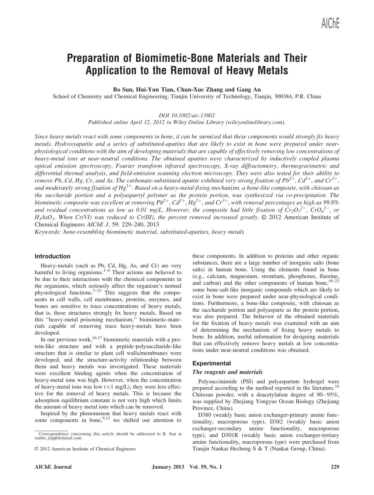 Preparation of biomimeticbone materials and their application to the removal of heavy metals by Unknown