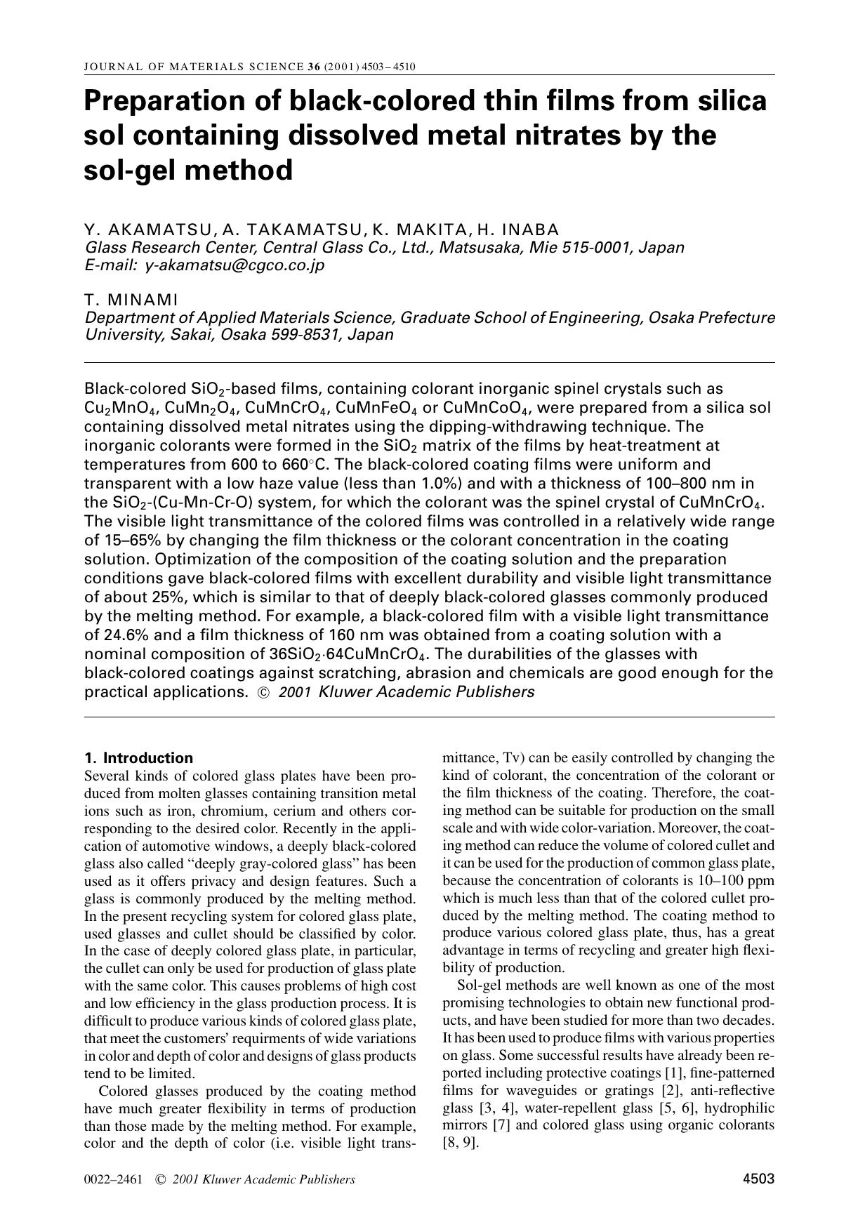 Preparation of black-colored thin films from silica sol containing dissolved metal nitrates by the sol-gel method by Unknown