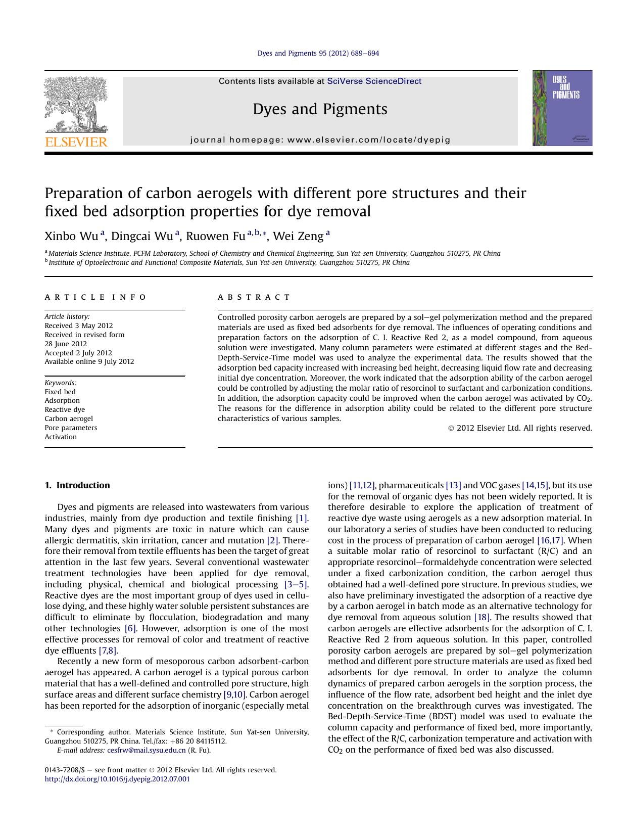Preparation of carbon aerogels with different pore structures and their fixed bed adsorption properties for dye removal by Xinbo Wu & Dingcai Wu & Ruowen Fu & Wei Zeng