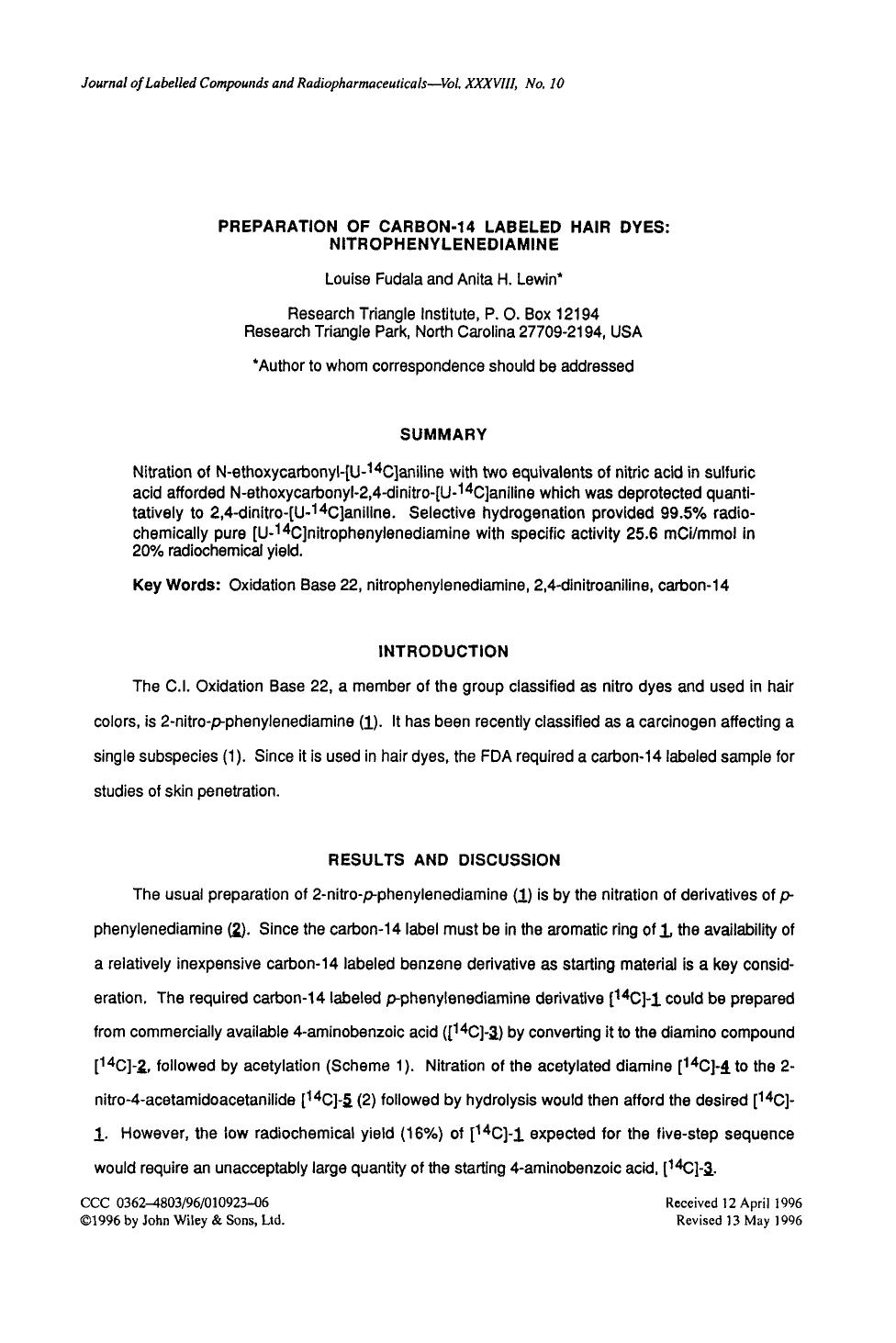 Preparation of carbon-14 labeled hair dyes: Nitrophenylenediamine by Unknown