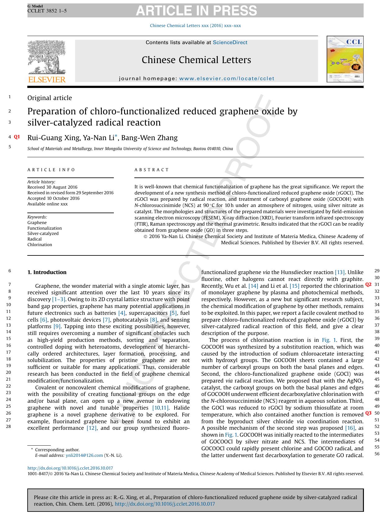 Preparation of chloro-functionalized reduced graphene oxide by silver-catalyzed radical reaction by Rui-Guang Xing & Ya-Nan Li & Bang-Wen Zhang