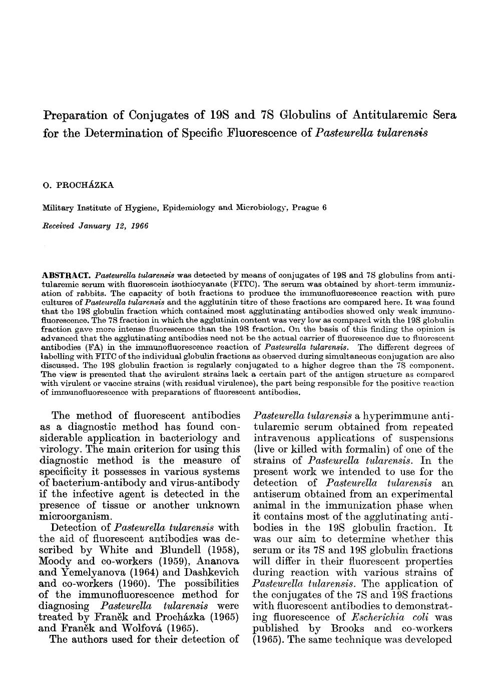 Preparation of conjugates of 19s and 7s globulins of antitularemic sera for the determination of specific fluorescence of <Emphasis Type="Italic">Pasteurella tularensis <Emphasis> by Unknown