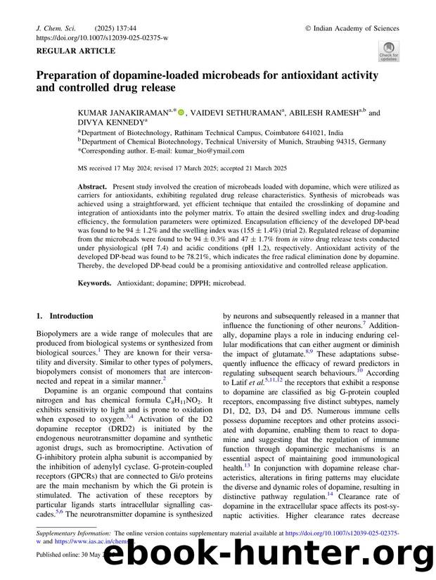 Preparation of dopamine-loaded microbeads for antioxidant activity and controlled drug release by Kumar Janakiraman & Vaidevi Sethuraman & Abilesh Ramesh & Divya Kennedy