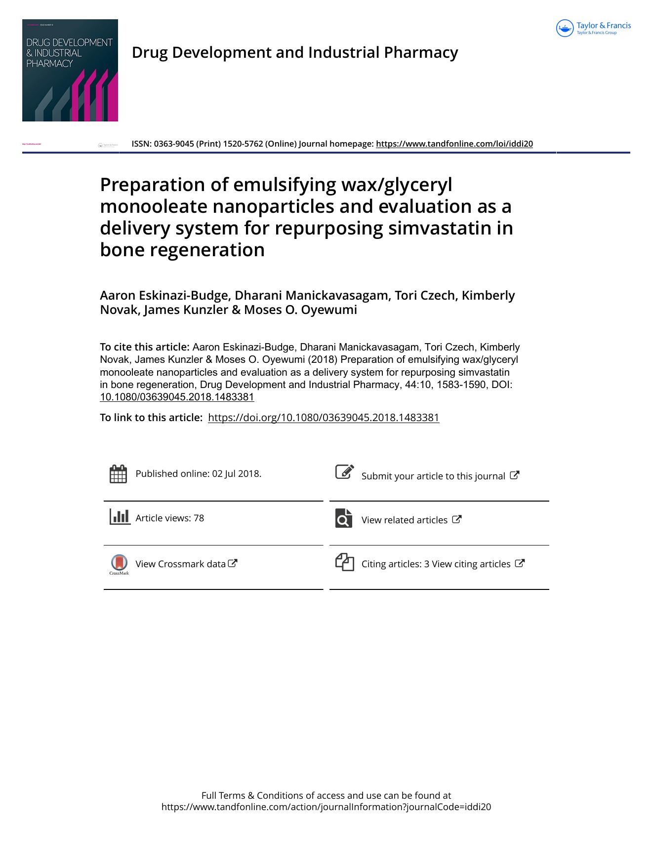 Preparation of emulsifying waxglyceryl monooleate nanoparticles and evaluation as a delivery system for repurposing simvastatin in bone regeneration by unknow