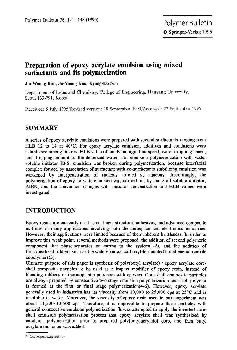 Preparation of epoxy acrylate emulsion using mixed surfactants and its polymerization by Unknown