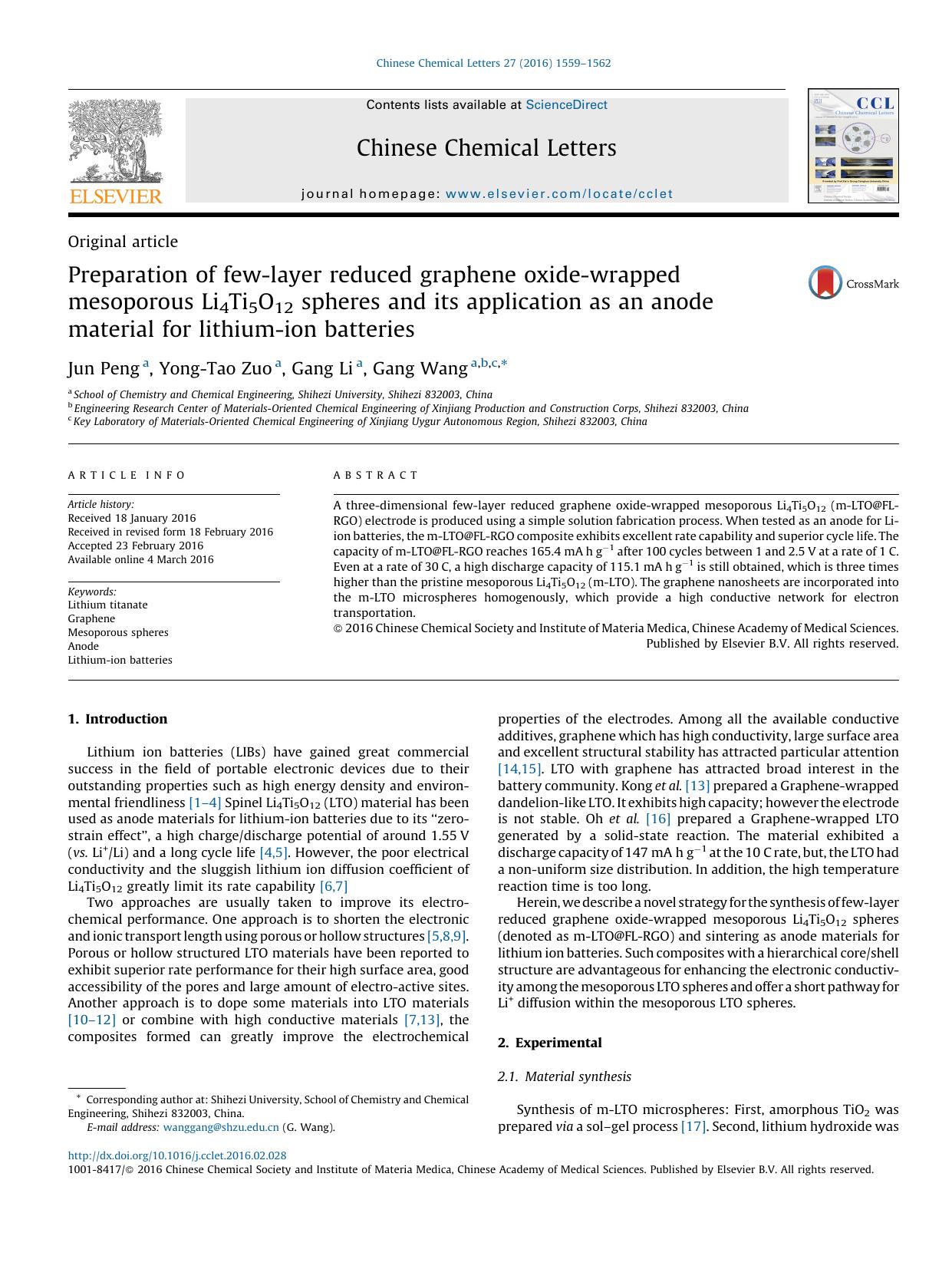 Preparation of few-layer reduced graphene oxide-wrapped mesoporous Li4Ti5O12 spheres and its application as an anode material for lithium-ion batteries by Jun Peng & Yong-Tao Zuo & Gang Li & Gang Wang