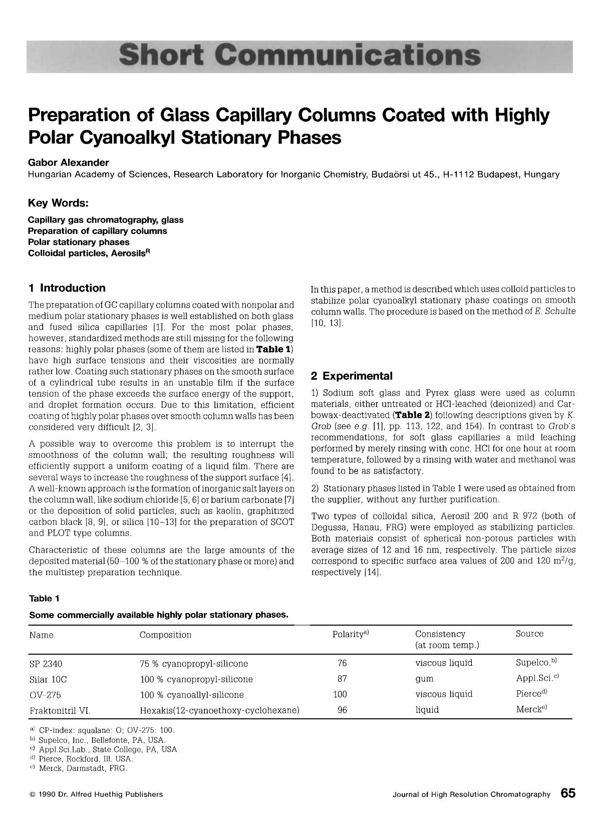 Preparation of glass capillary columns coated with highly polar cyanoalkyl stationary phases by Unknown