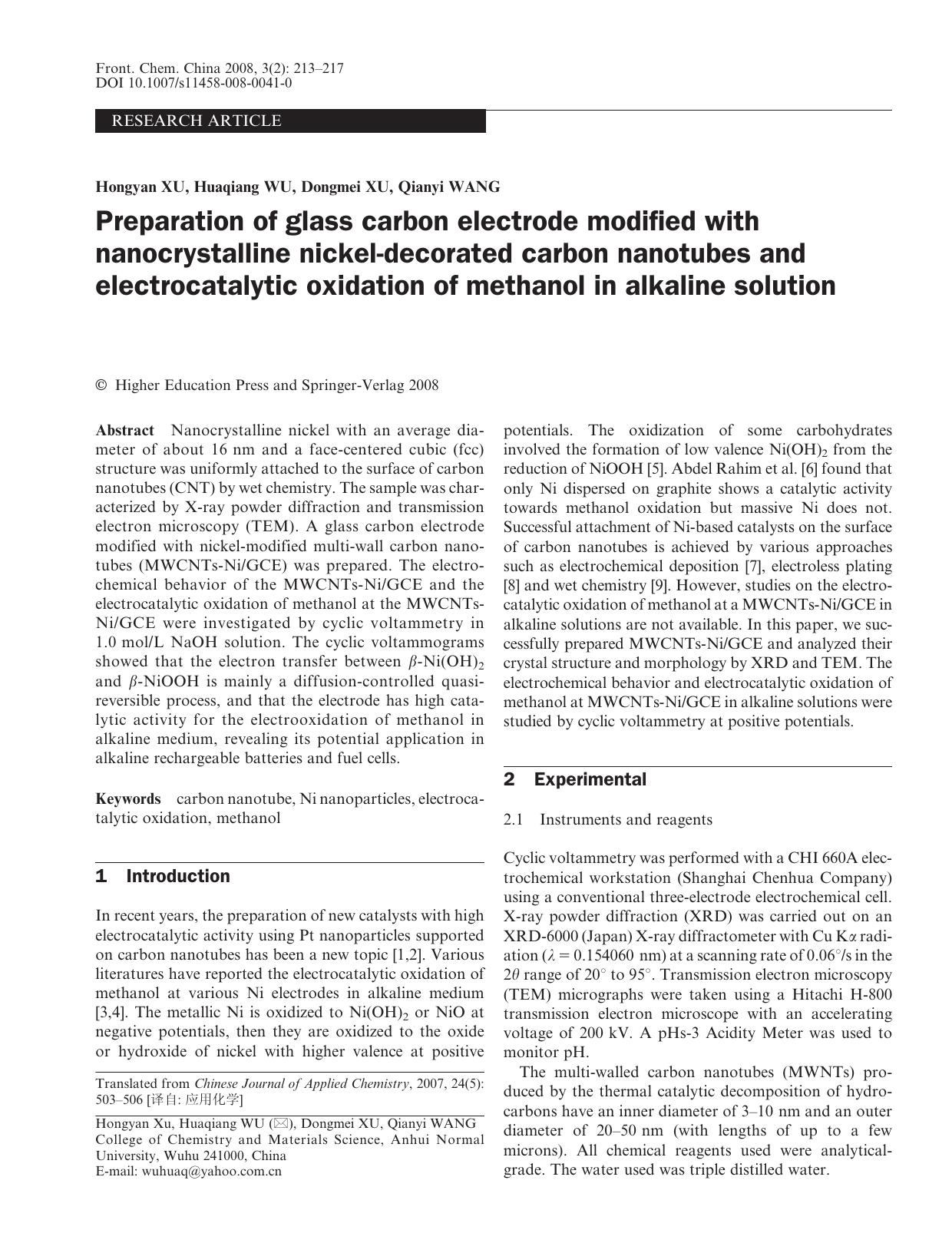 Preparation of glass carbon electrode modified with nanocrystalline nickel-decorated carbon nanotubes and electrocatalytic oxidation of methanol in alkaline solution by Unknown