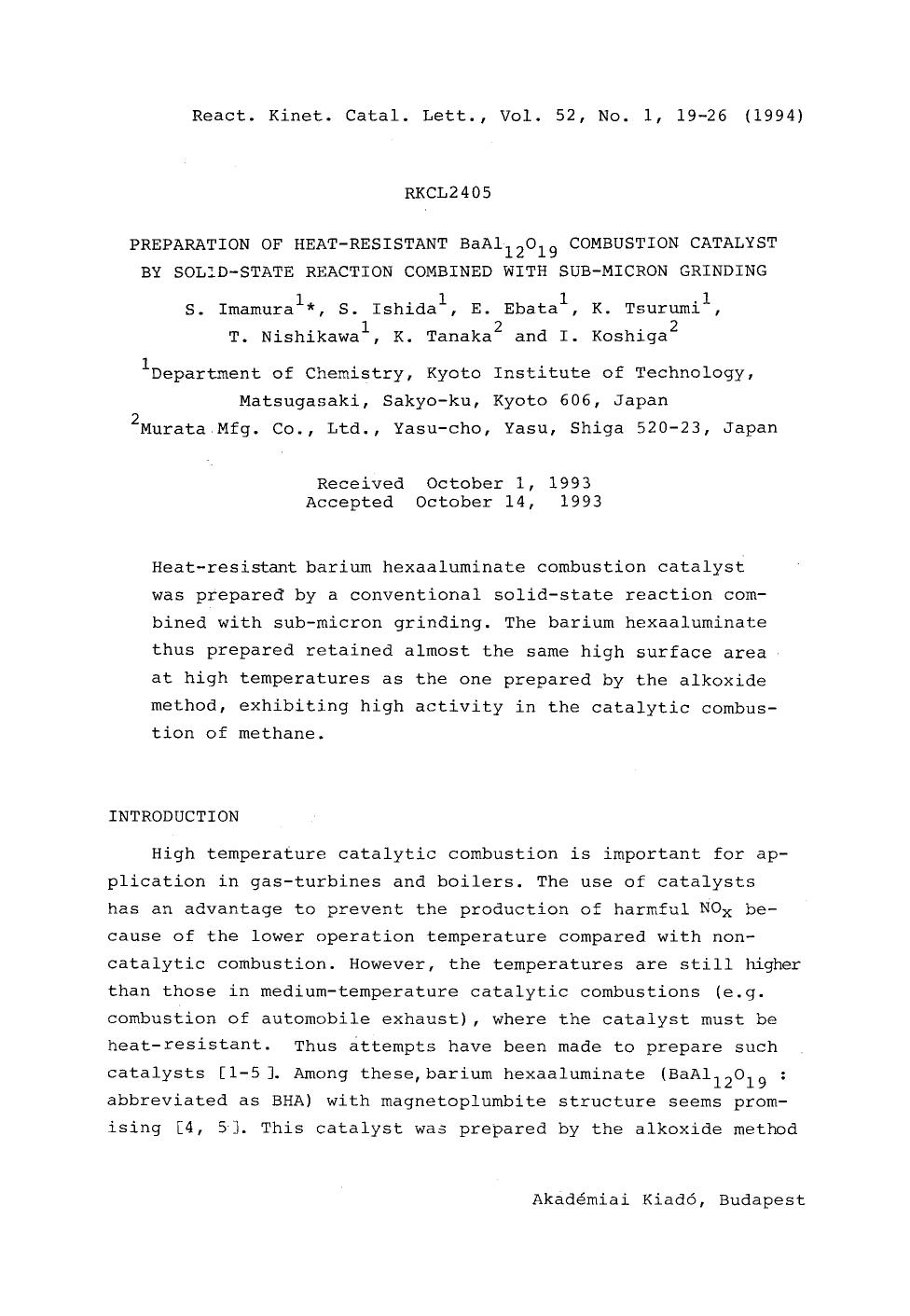Preparation of heat-resistant BaAl <Subscript>12 <Subscript>O <Subscript>19 <Subscript> combustion catalyst by solid-state reaction combined with sub-micron grinding by Unknown