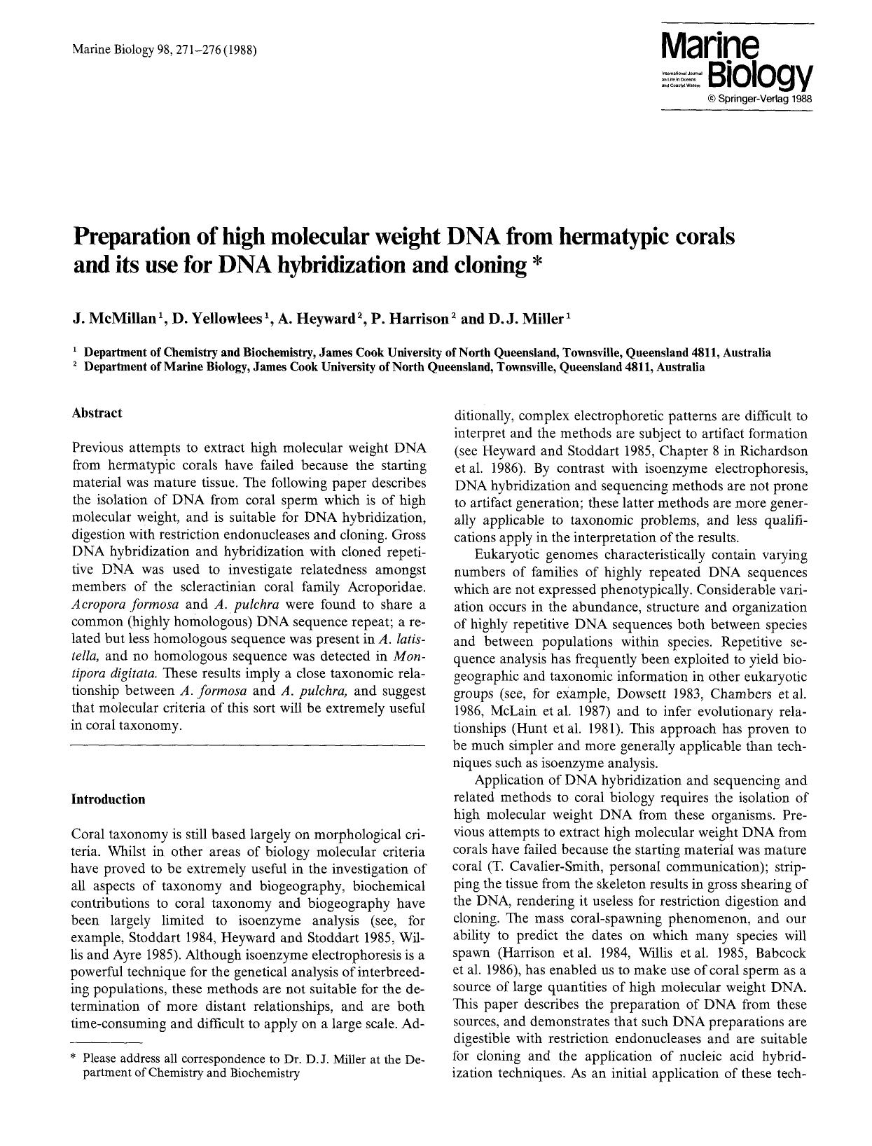 Preparation of high molecular weight DNA from hermatypic corals and its use for DNA hybridization and cloning by Unknown