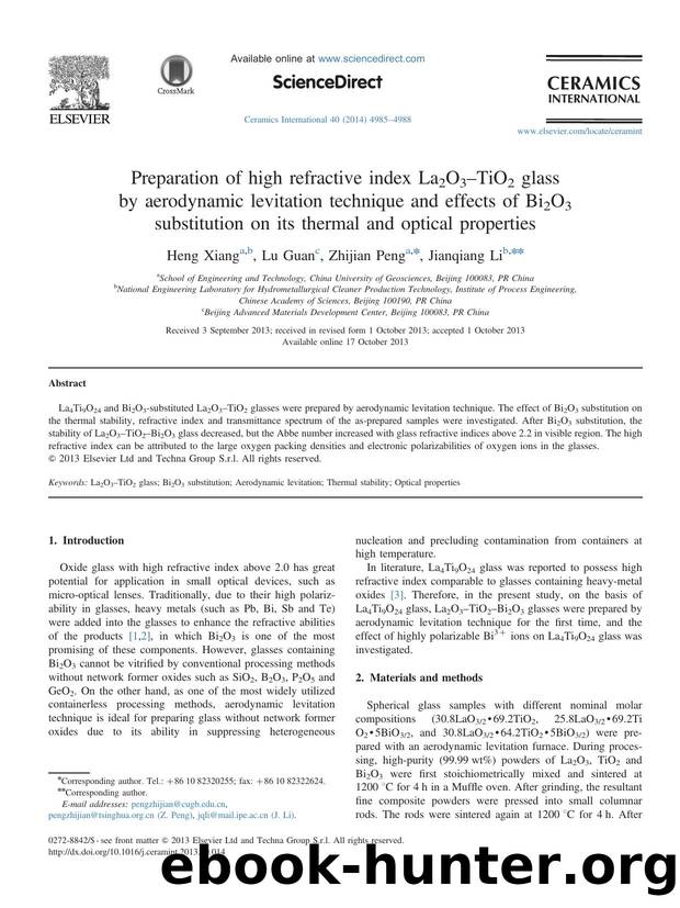 Preparation of high refractive index La2O3âTiO2 glass by aerodynamic levitation technique and effects of Bi2O3 substitution on its thermal and optical properties by Heng Xiang & Lu Guan & Zhijian Peng & Jianqiang Li