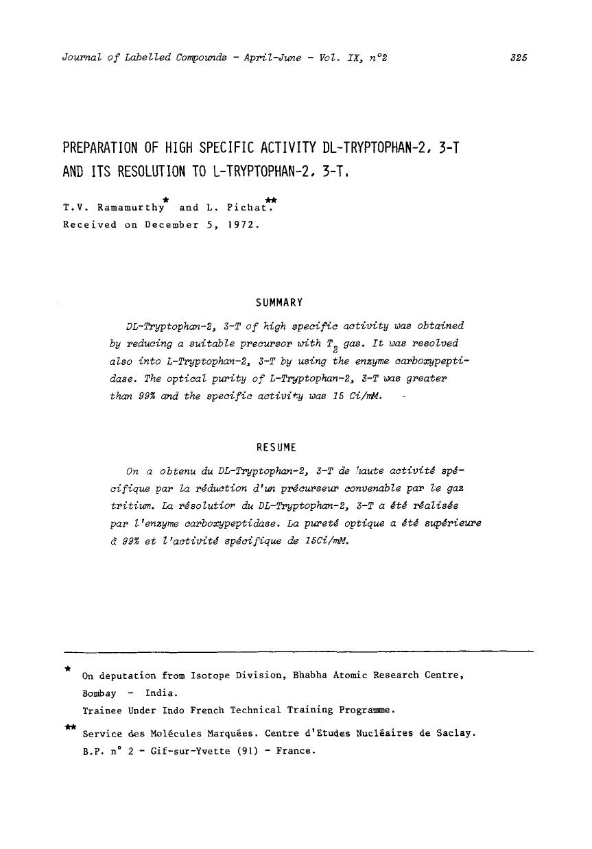 Preparation of high specific activity DL-tryptophan-2, 3-T and its resolution to l-tryptophan-2, 3-T by Unknown