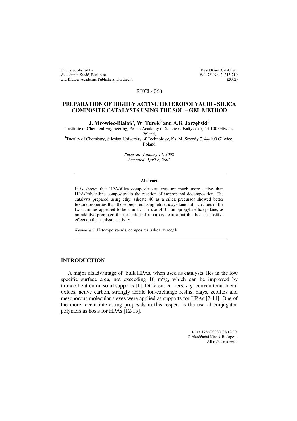 Preparation of highly active heteropolyacid - silica composite catalysts using the sol - gel method by Unknown