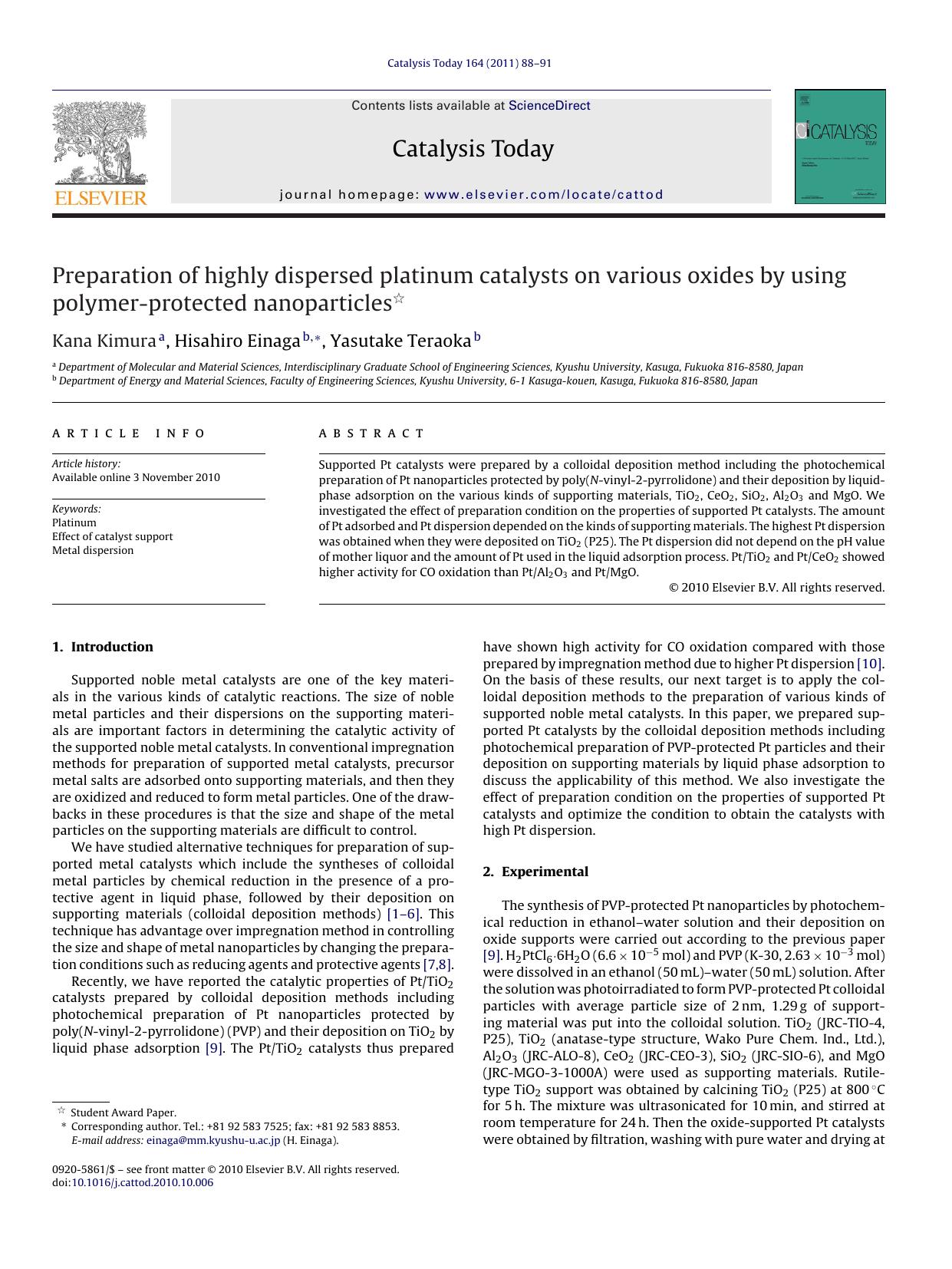 Preparation of highly dispersed platinum catalysts on various oxides by using polymer-protected nanoparticles by Kana Kimura