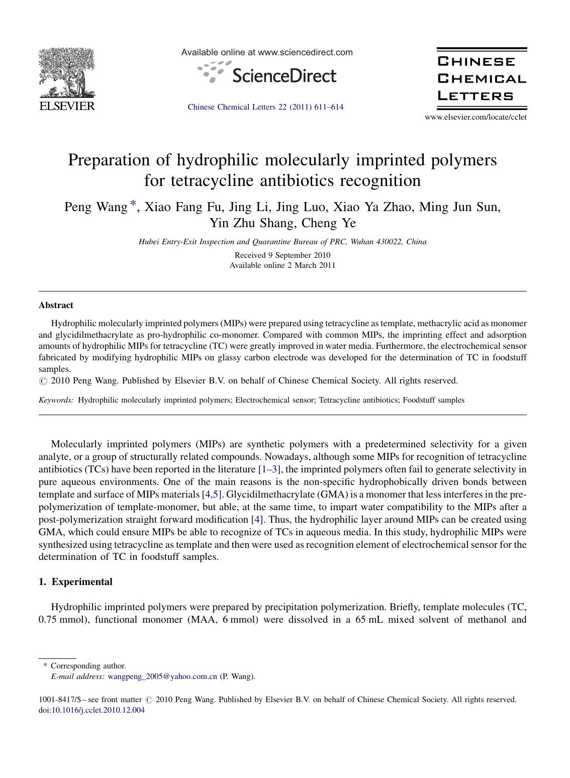 Preparation of hydrophilic molecularly imprinted polymers for tetracycline antibiotics recognition by Peng Wang