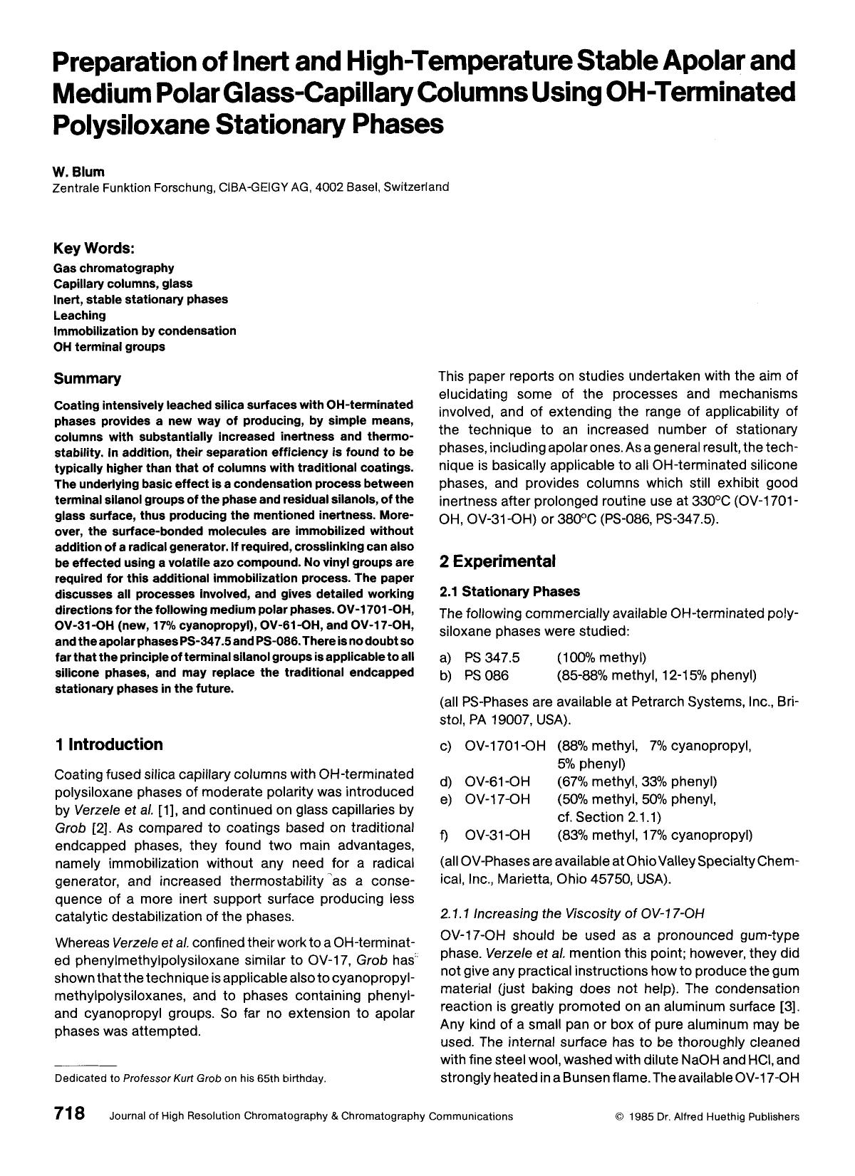 Preparation of inert and high-temperature stable apolar and medium polar glass-capillary columns using OH-terminated polysiloxane stationary phases by Unknown