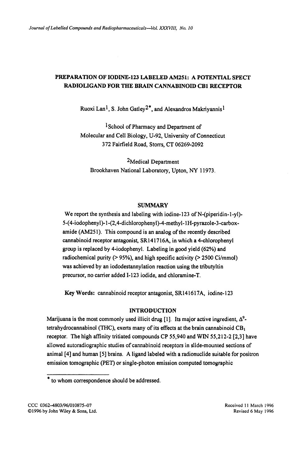 Preparation of iodine-123 labeled AM251: A potential SPECT radioligand for the brain cannabinoid CB1 receptor by Unknown