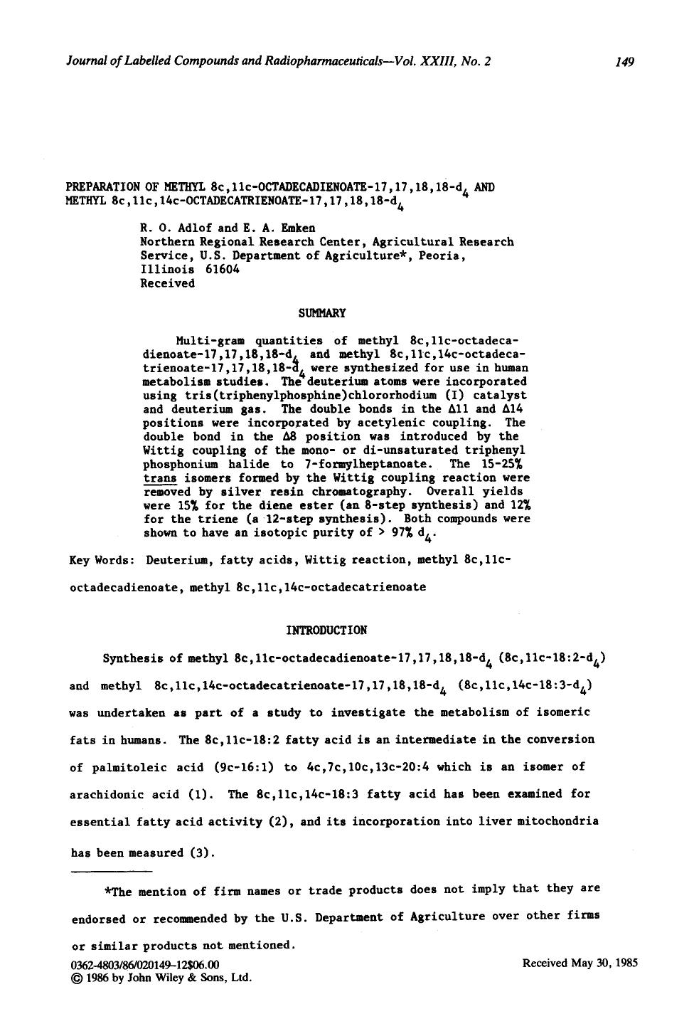 Preparation of methyl 8c, 11c-octadecadienoate-17,17,18,18-d4 and methyl 8c,11c,14c-octadecatrienoate-17,17,18,18-d4 by Unknown