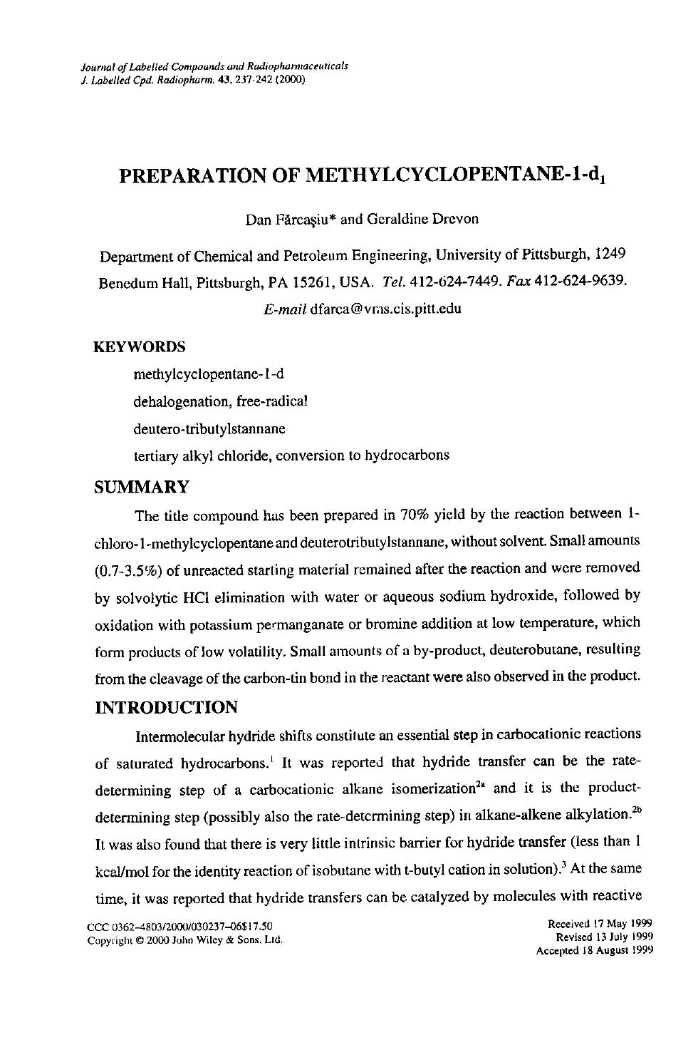 Preparation of methylcyclopentane-1-d1 by Unknown