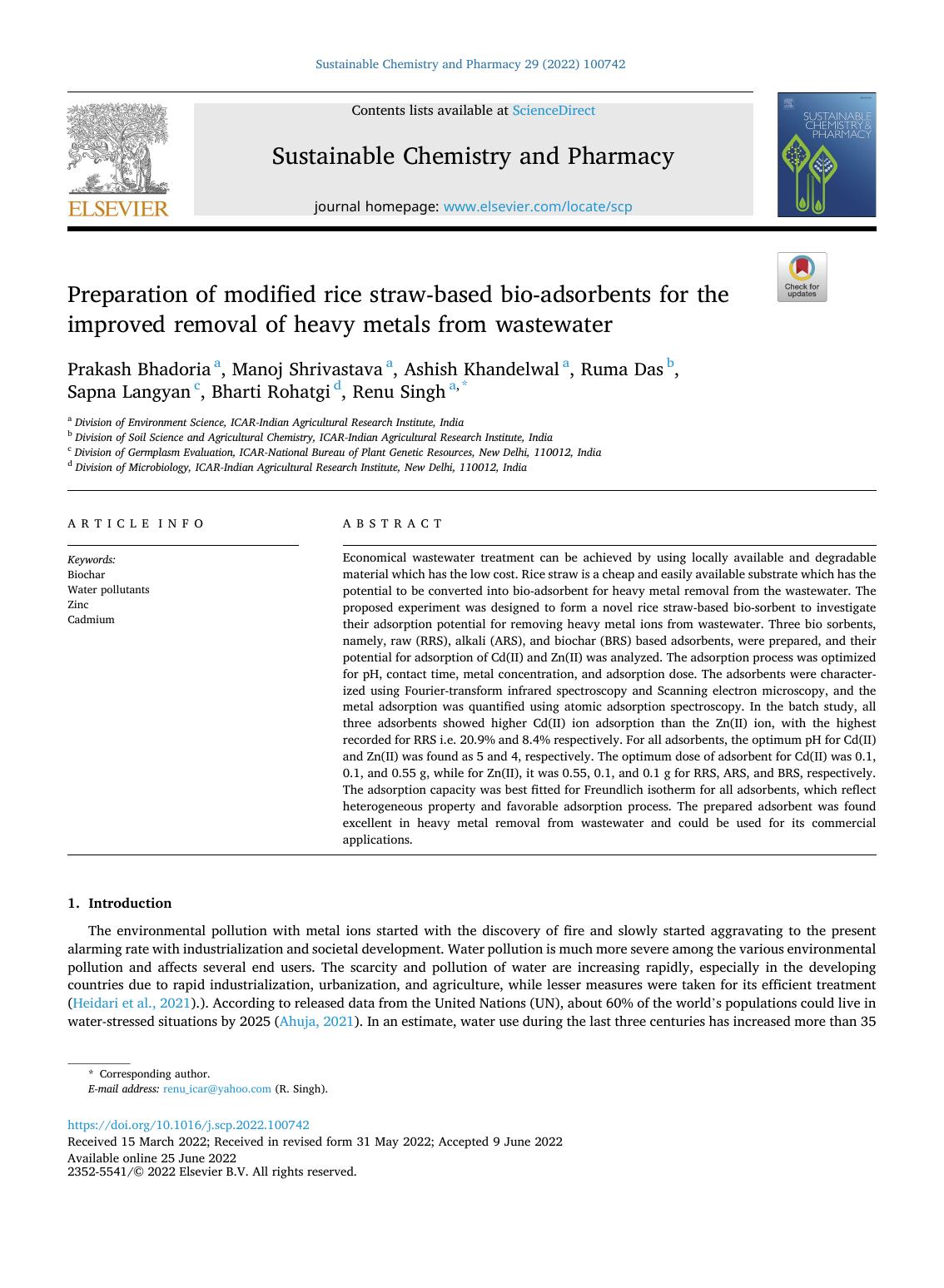Preparation of modified rice straw-based bio-adsorbents for the improved removal of heavy metals from wastewater by unknow
