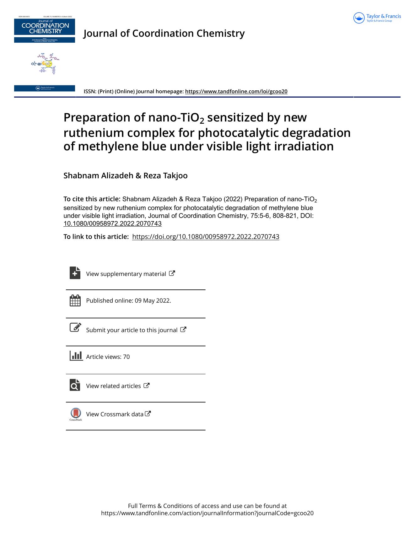 Preparation of nano-TiO2 sensitized by new ruthenium complex for photocatalytic degradation of methylene blue under visible light irradiation by Alizadeh Shabnam & Takjoo Reza