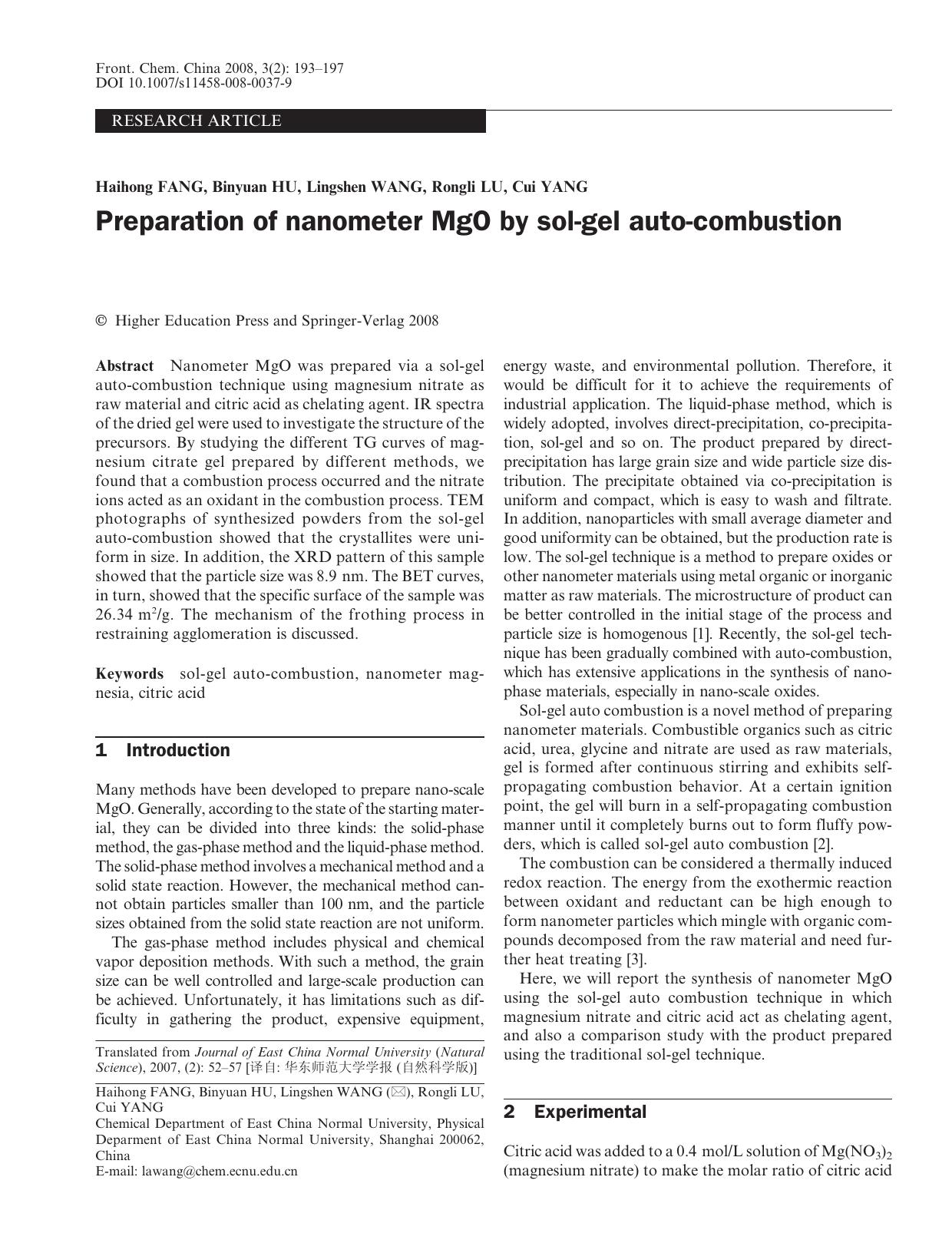 Preparation of nanometer MgO by sol-gel auto-combustion by Unknown