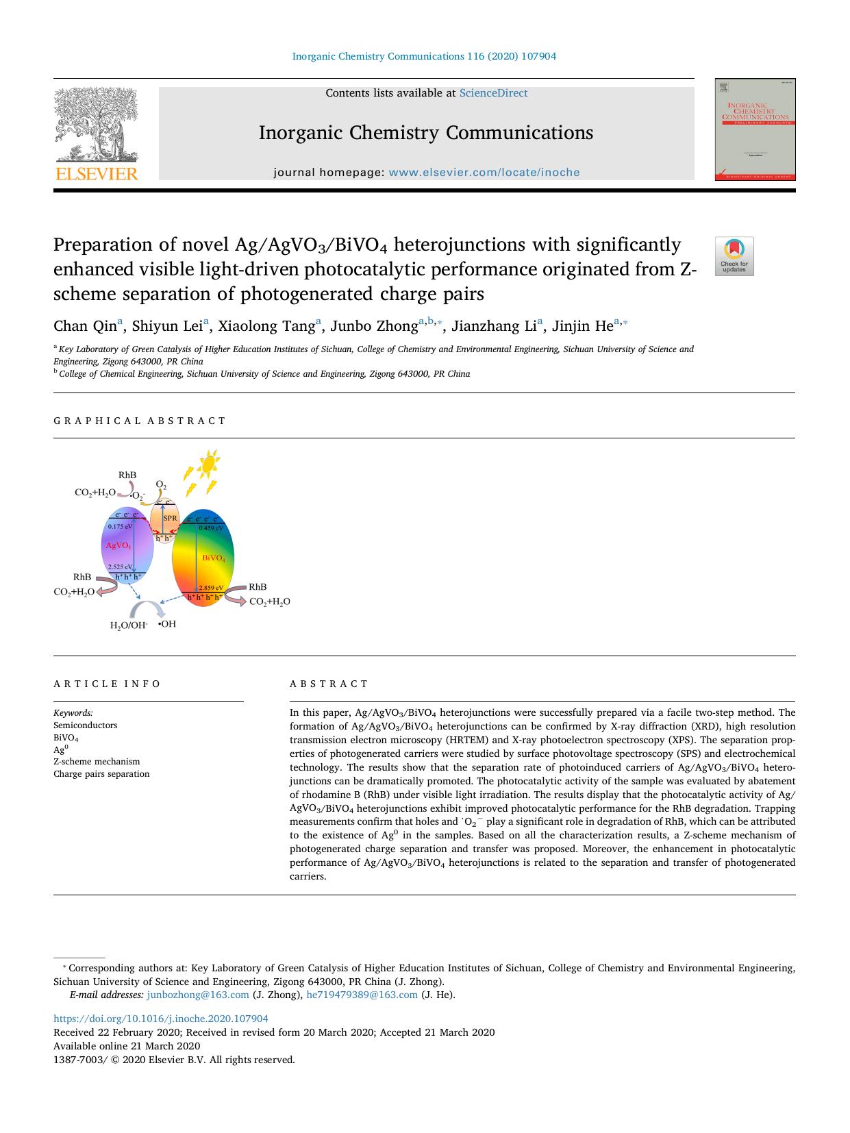 Preparation of novel AgAgVO3BiVO4 heterojunctions with significantly enhanced visible light-driven photocatalytic performance originated from Z-scheme separation of photogenerated charge pairs by Chan Qin & Shiyun Lei & Xiaolong Tang & Junbo Zhong & Jianzhang Li & Jinjin He