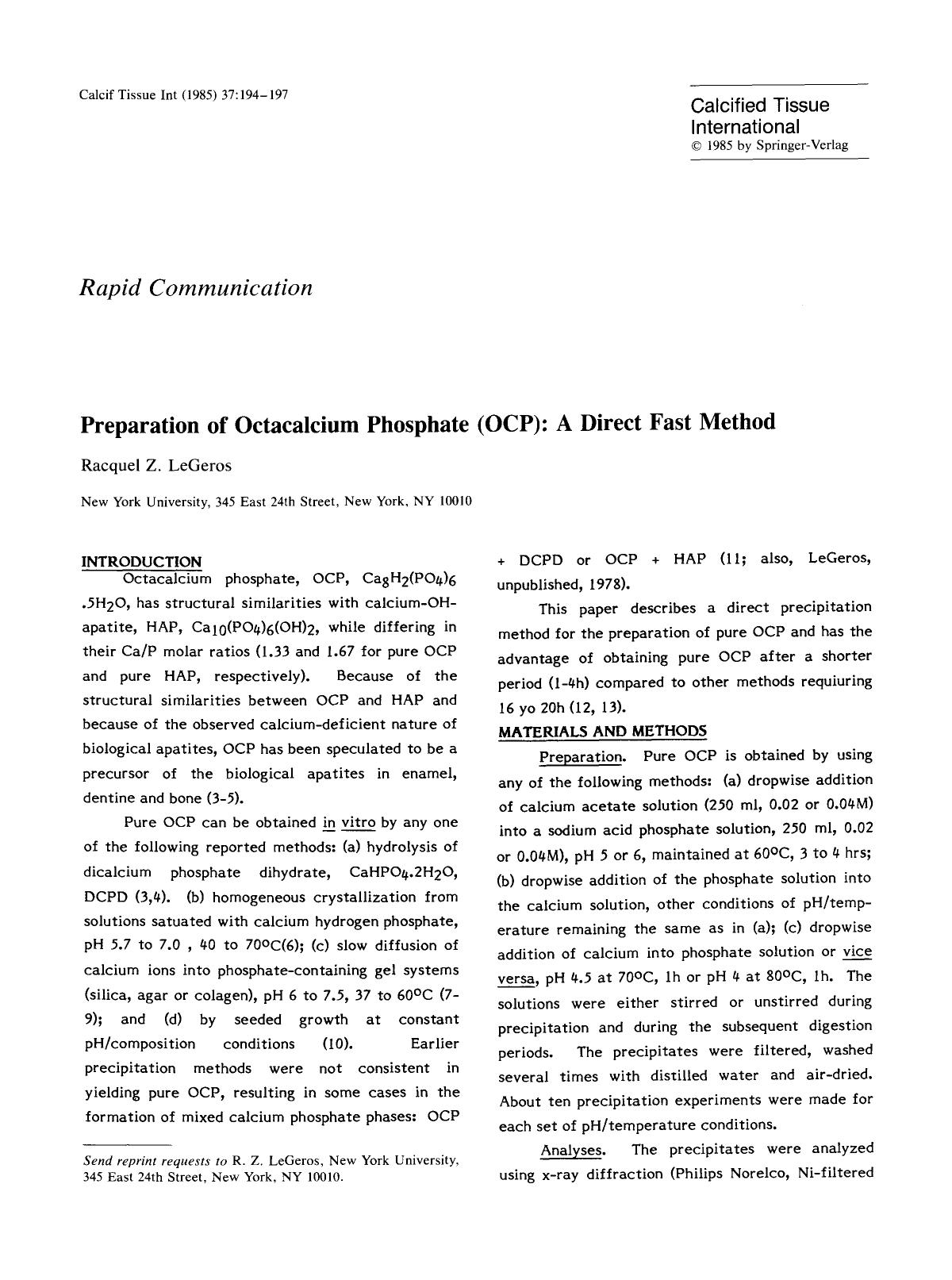 Preparation of octacalcium phosphate (OCP): A direct fast method by Unknown