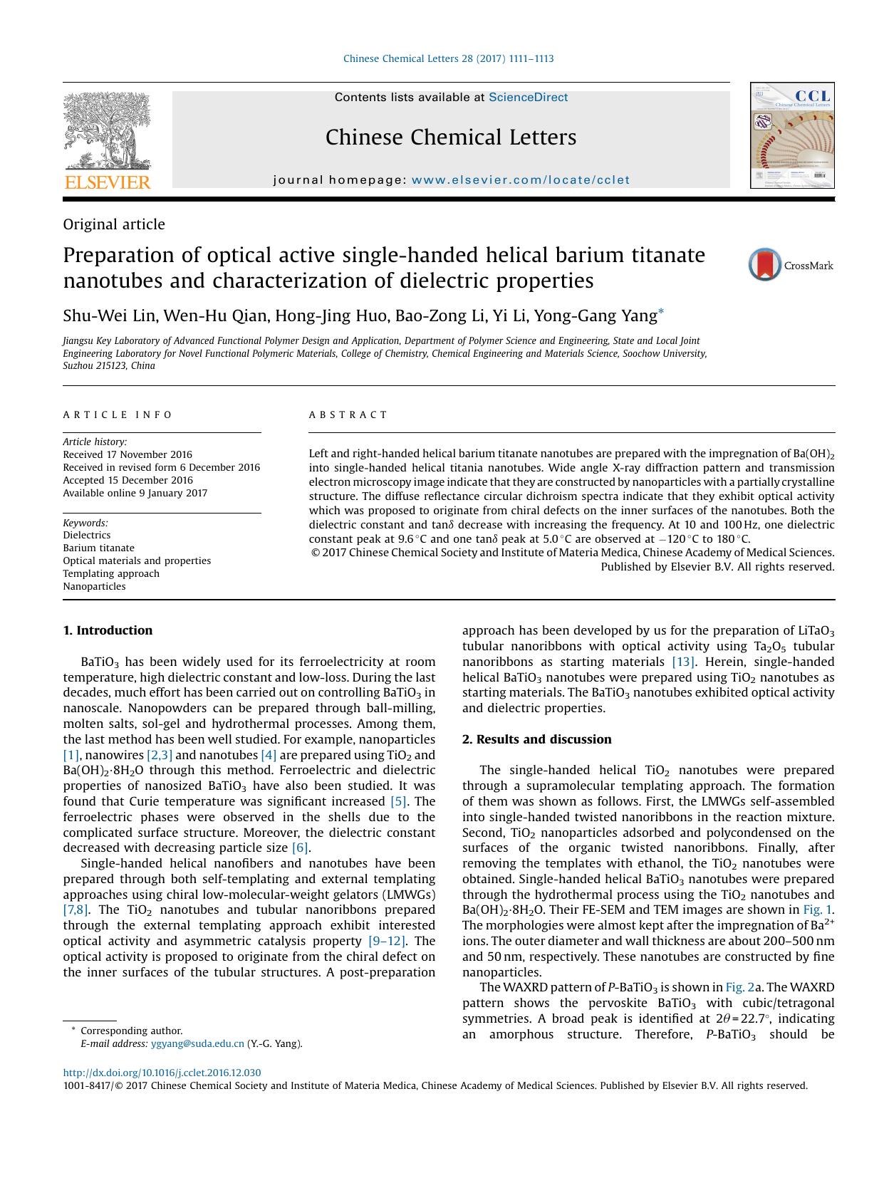 Preparation of optical active single-handed helical barium titanate nanotubes and characterization of dielectric properties by Shu-Wei Lin & Wen-Hu Qian & Hong-Jing Huo & Bao-Zong Li & Yi Li & Yong-Gang Yang