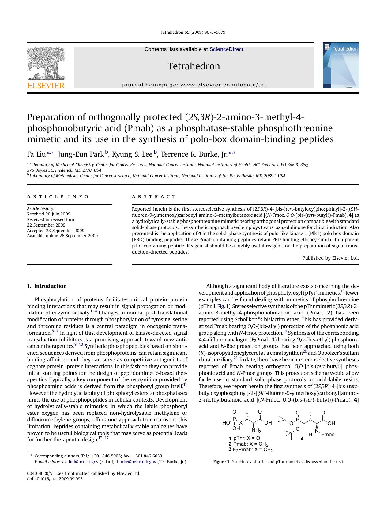 Preparation of orthogonally protected (2S,3R)-2-amino-3-methyl-4-phosphonobutyric acid (Pmab) as a phosphatase-stable phosphothreonine mimetic and its use in the synthesis of polo- by Fa Liu; Jung-Eun Park; Kyung S. Lee; Terrence R. Burke Jr