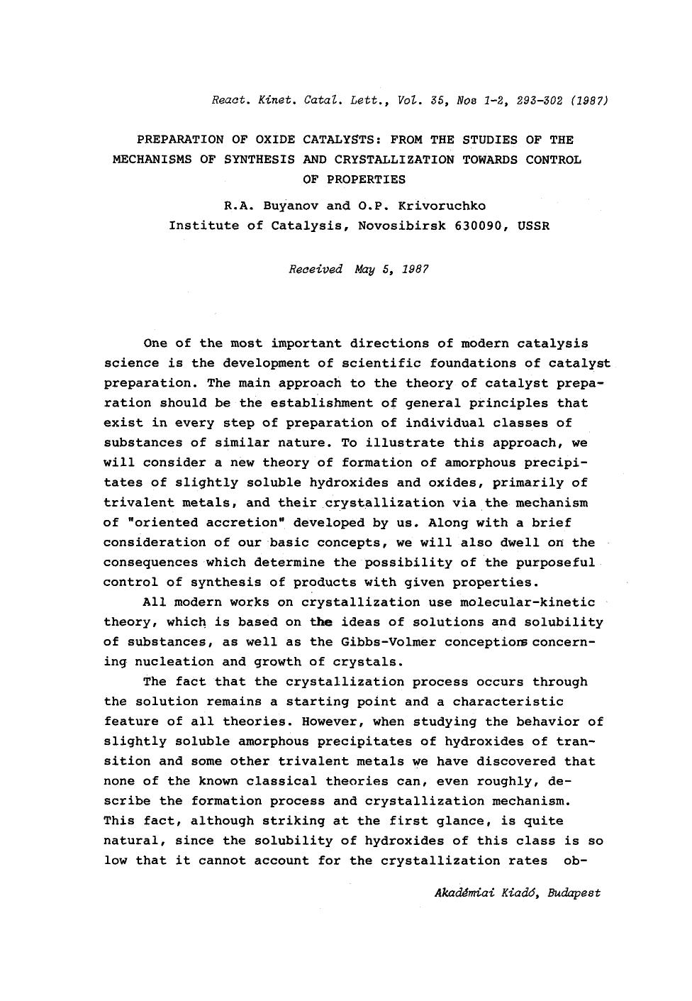 Preparation of oxide catalysts: From the studies of the mechanisms of synthesis and crystallization towards control of properties by Unknown