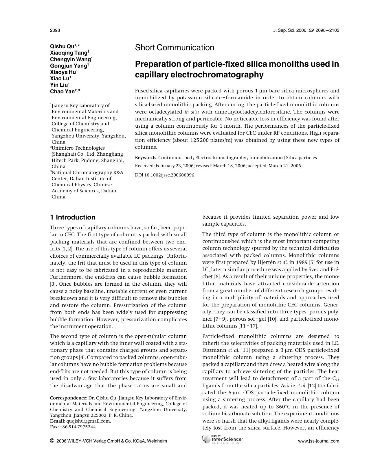 Preparation of particle-fixed silica monoliths used in capillary electrochromatography by Unknown